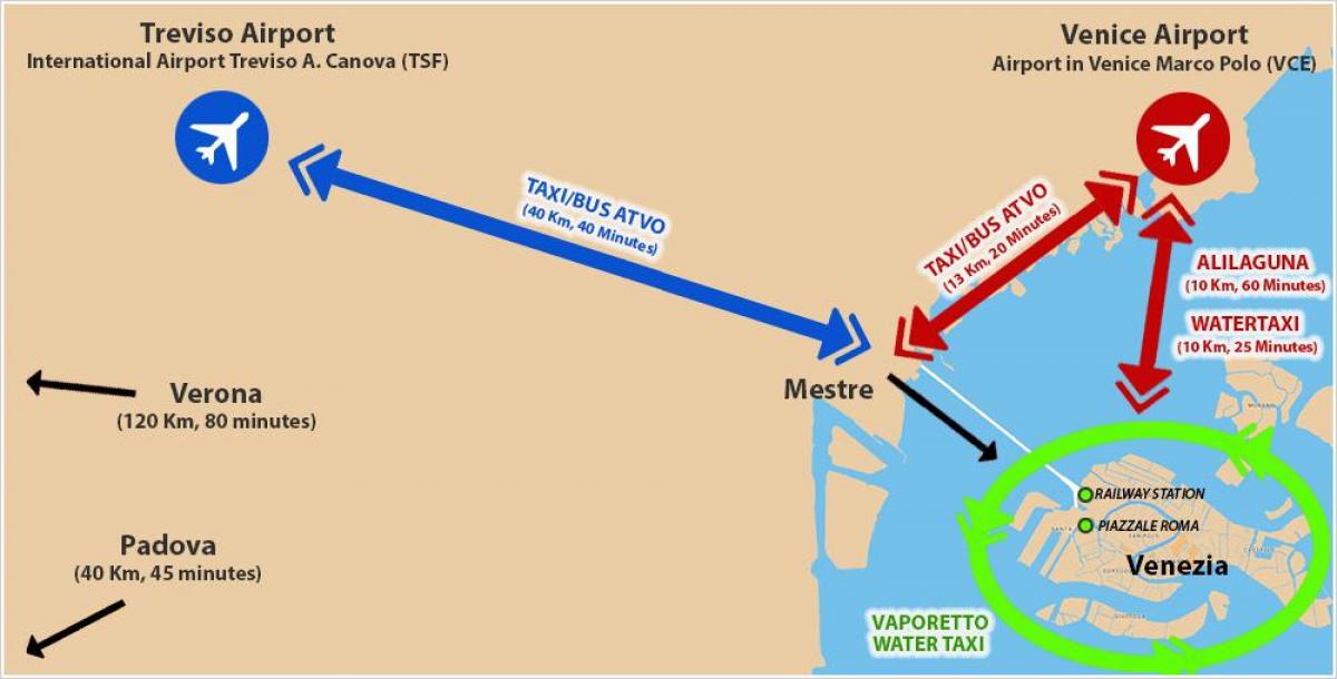 地图上威尼斯的机场和火车站